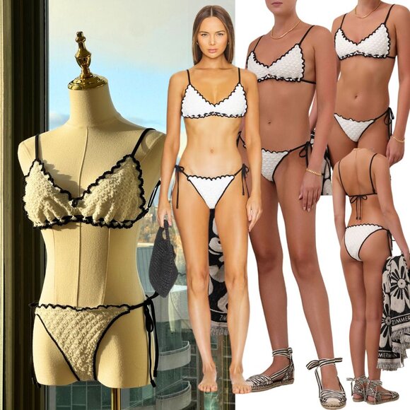 🆕 ZIMMERMANN 🧿 NWT Halliday Knit Scoop Bikini - Ivory/Black - Sz 1 - US 4 / 6 - Picture 1 of 15